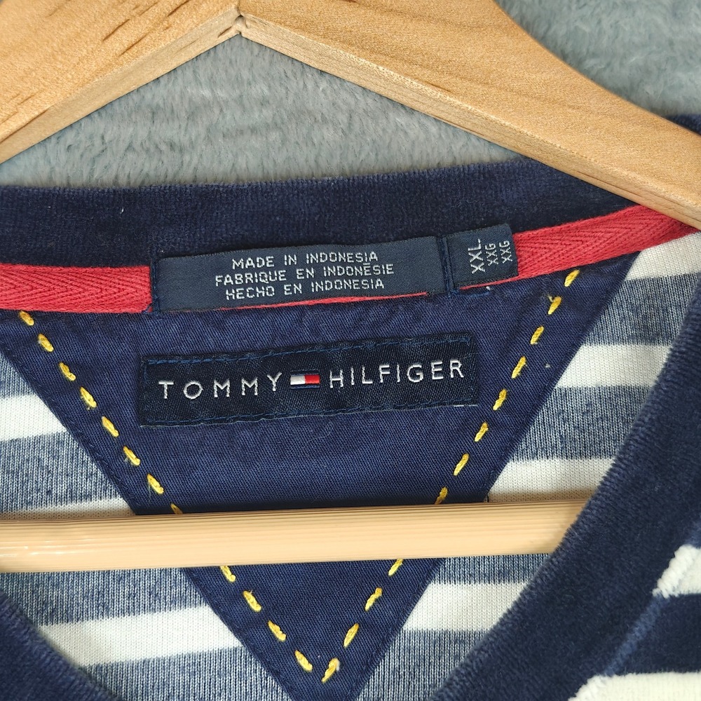Vintage Tommy Hilfiger Velour Striped Shirt Mens XXL Navy White Y2K 2002 V-Neck - Picture 3 of 13